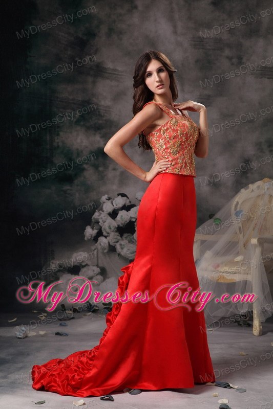 Mermaid Brush Train Straps Appliqued Pick Ups Red Prom Evening Dress