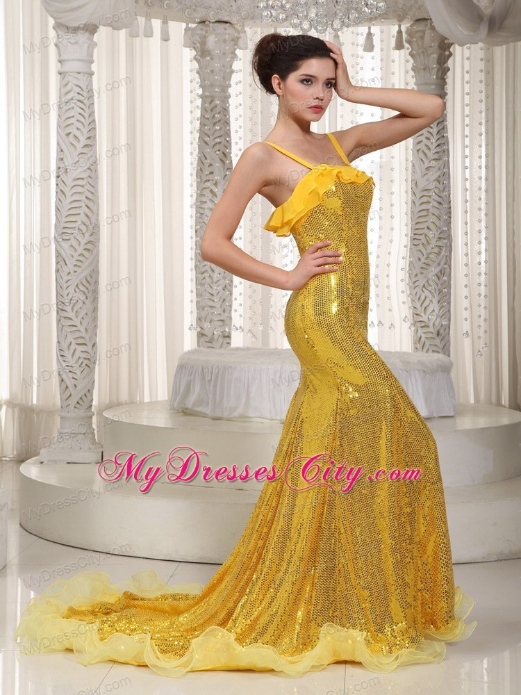Luxurious Yellow Spaghetti Straps Evening Dress with Sequin 2013