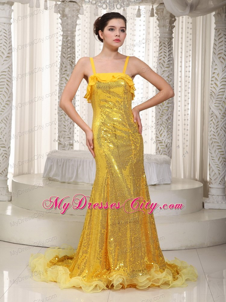 Luxurious Yellow Spaghetti Straps Evening Dress with Sequin 2013