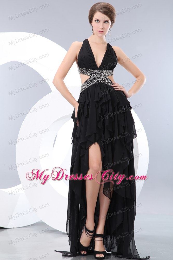 Black V-neck High-low Evening Dress with Side Cut Out Backless Beading