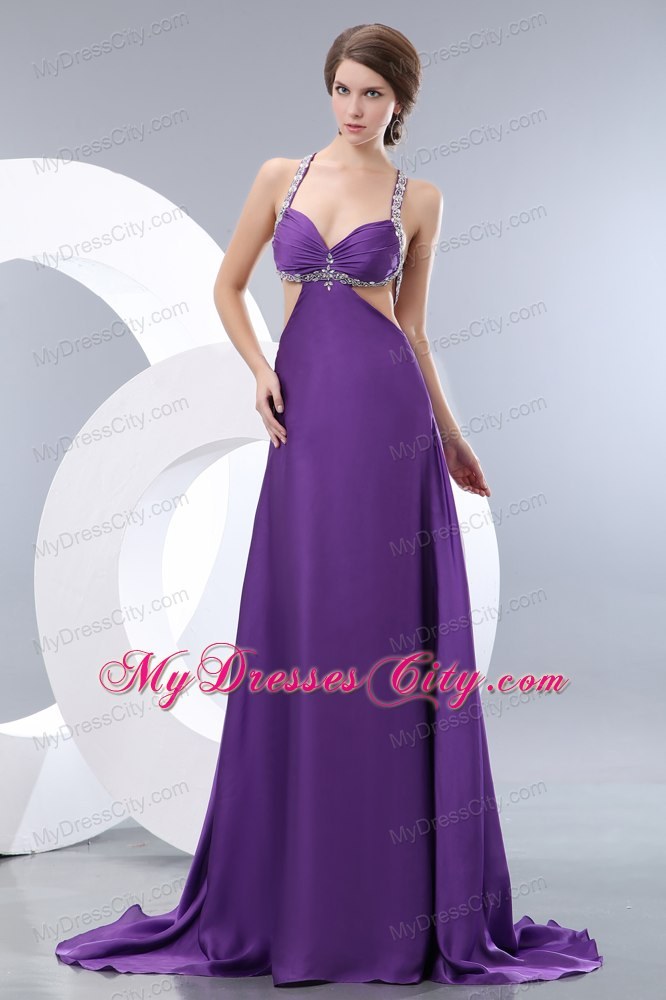 Sexy Purple Empire Straps Evening Dress with Side Cut Out Beading