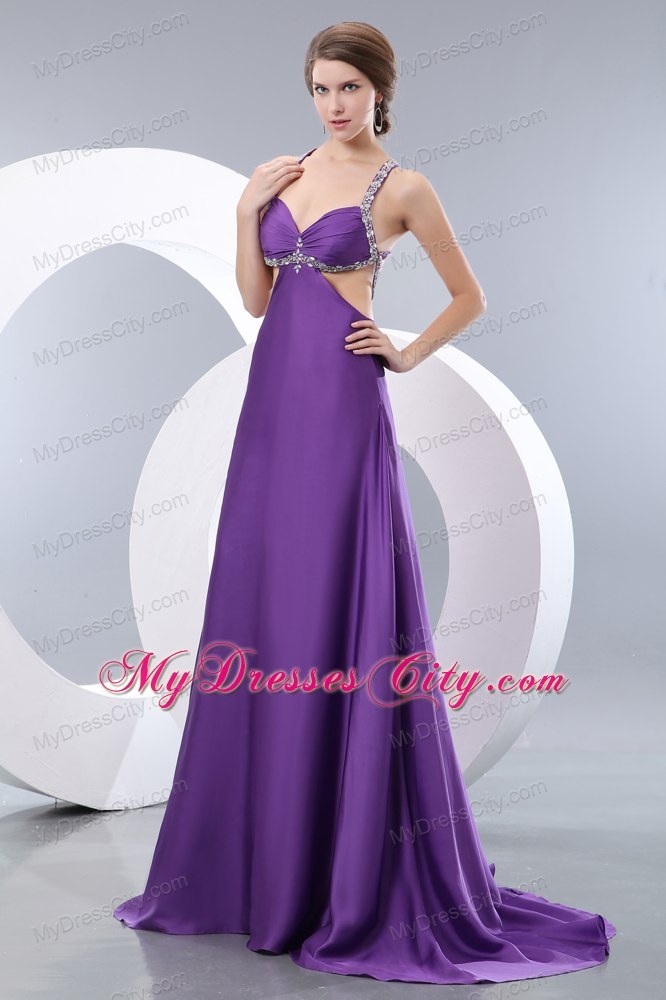 Sexy Purple Empire Straps Evening Dress with Side Cut Out Beading