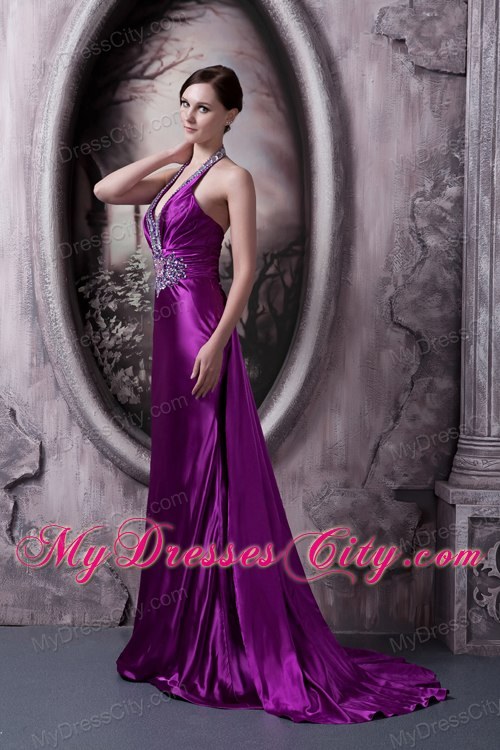 Eggplant Purple Halter Evening Dress Column with Beading 2013