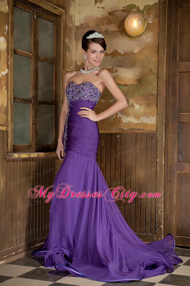Purple Mermaid Sweetheart Chiffon Beading Prom Evening Dresses
