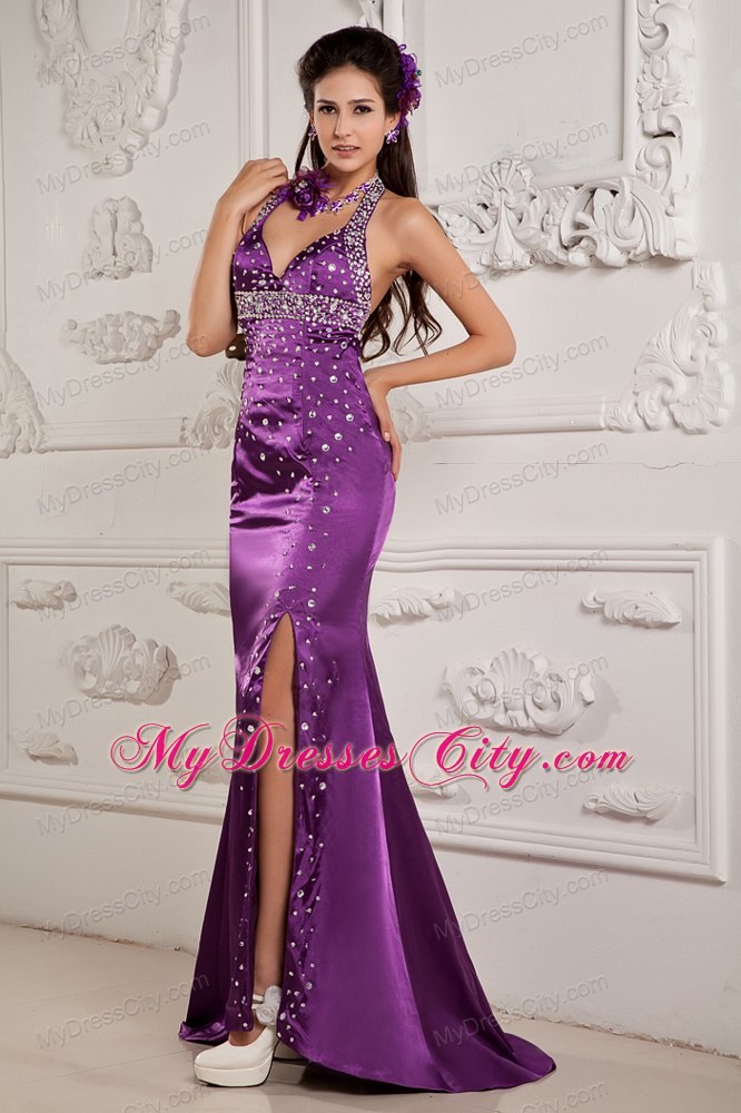 2013 Eggplant Purple Halter Maxi Evening Dresses with Beading