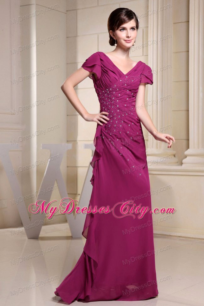 V-neck Chiffon Mother Bride Guests Dress Short Sleeves With Beading