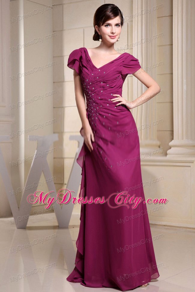 V-neck Chiffon Mother Bride Guests Dress Short Sleeves With Beading