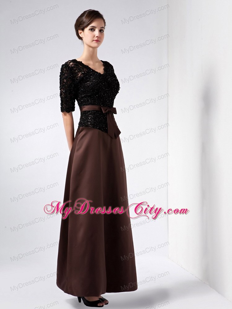 Lace Short Sleeves V-neck Ankle-length Brown Column Mother Dress Beading
