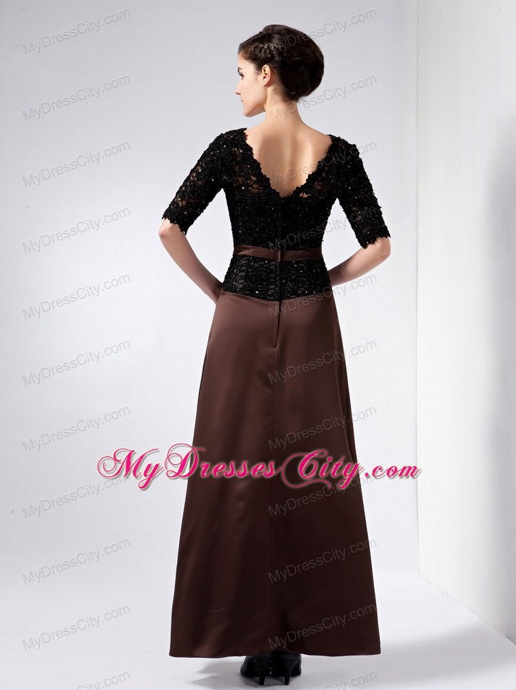 Lace Short Sleeves V-neck Ankle-length Brown Column Mother Dress Beading