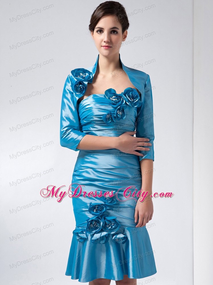Hand Flowers Ruching Sweet Baby Blue Mother Dress Strapless Knee-length