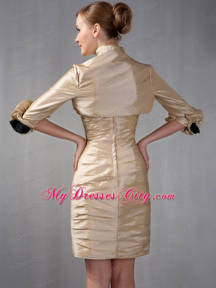 Champagne Cap Sleeves Ruching Hand Flowers Mother Of The Bride Dress