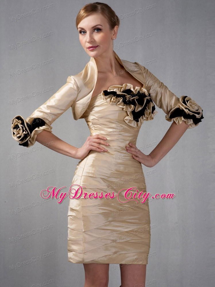 Champagne Cap Sleeves Ruching Hand Flowers Mother Of The Bride Dress