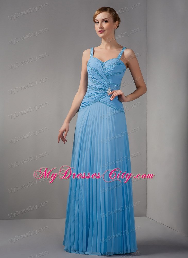 Beaded Straps Teal Straps Long Chiffon Appliques Mother of Groom Dress