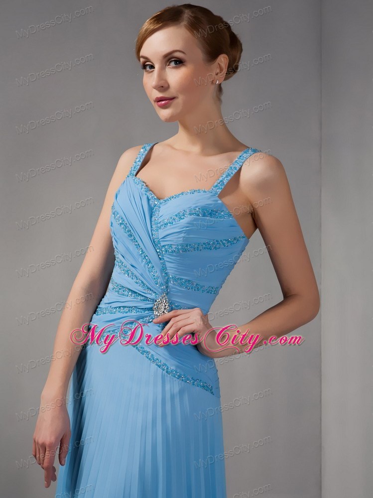 Beaded Straps Teal Straps Long Chiffon Appliques Mother of Groom Dress