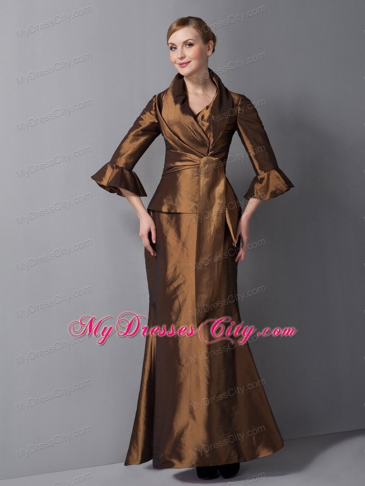 V-neck Ankle-length Brown Mother Of The Bride Dress with Beading