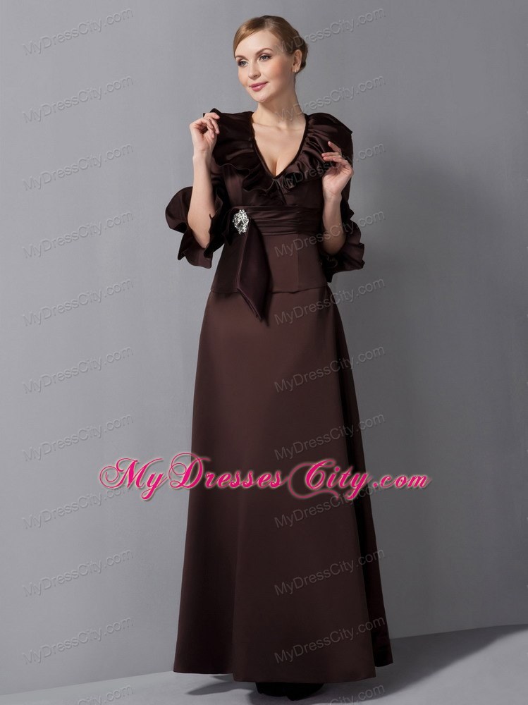 V-neck Ankle-length Brown Sash Mother Of The Bride Dress with Brooch
