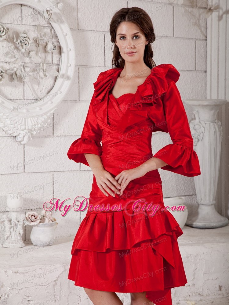 Ruching Red Column Sweetheart Knee-length Mother of the Bride Dress