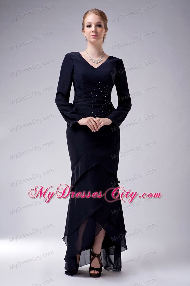 V-neck High-low Chiffon Navy Blue Beading Mother Of The Bride Dress