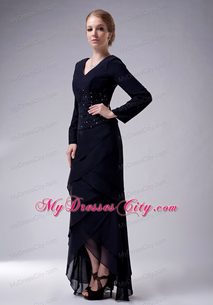 V-neck High-low Chiffon Navy Blue Beading Mother Of The Bride Dress
