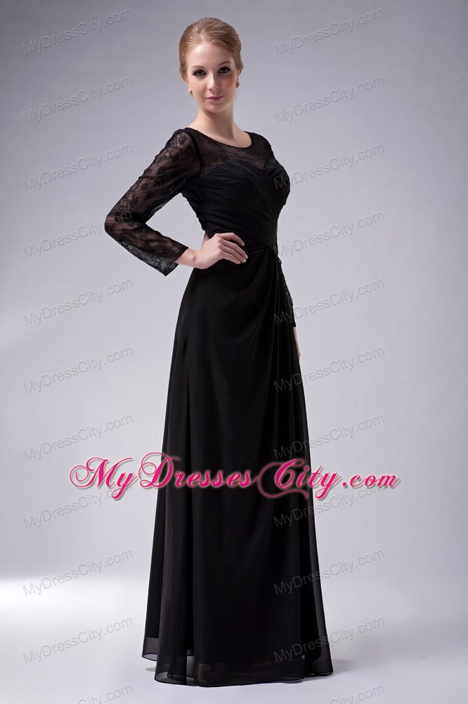 Long Sleeves Black Empire Scoop for Mother Of The Bride Dress Ruche
