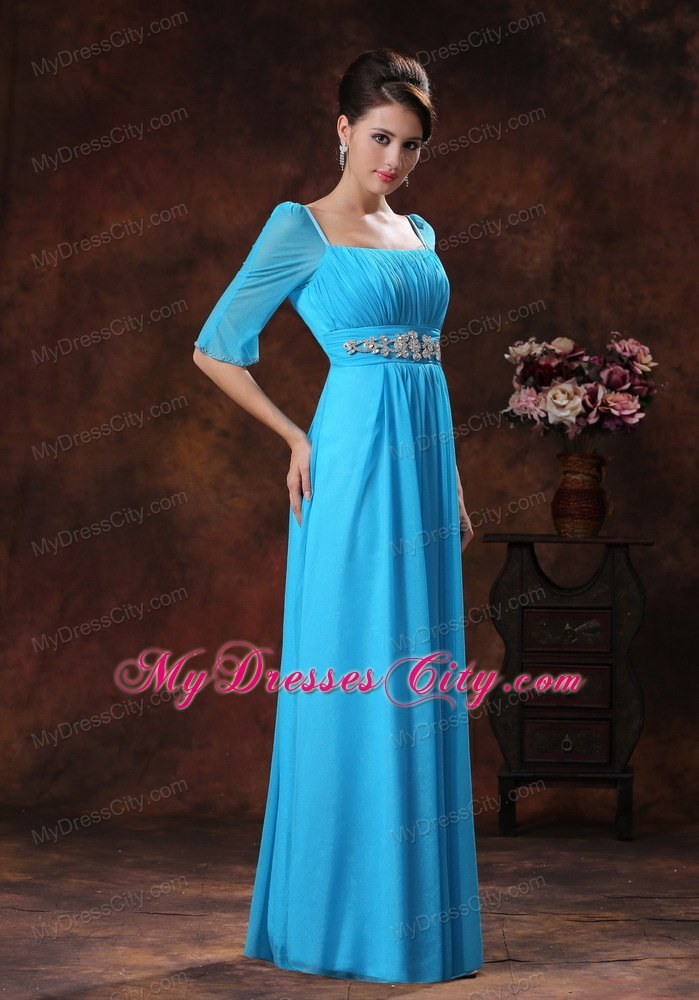 Sky Blue Beaded Square Mother of the Groom Dress with 1 2 Sleeves