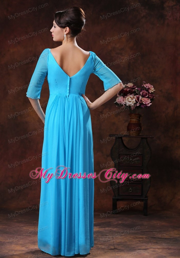 Sky Blue Beaded Square Mother of the Groom Dress with 1 2 Sleeves