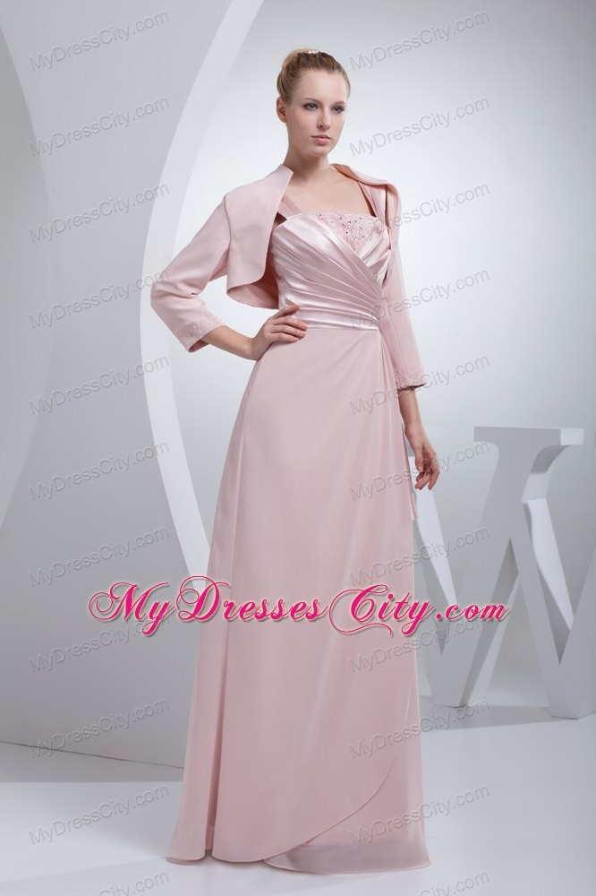 Beading and Ruching Baby Pink Long Mothers Dress with Straps