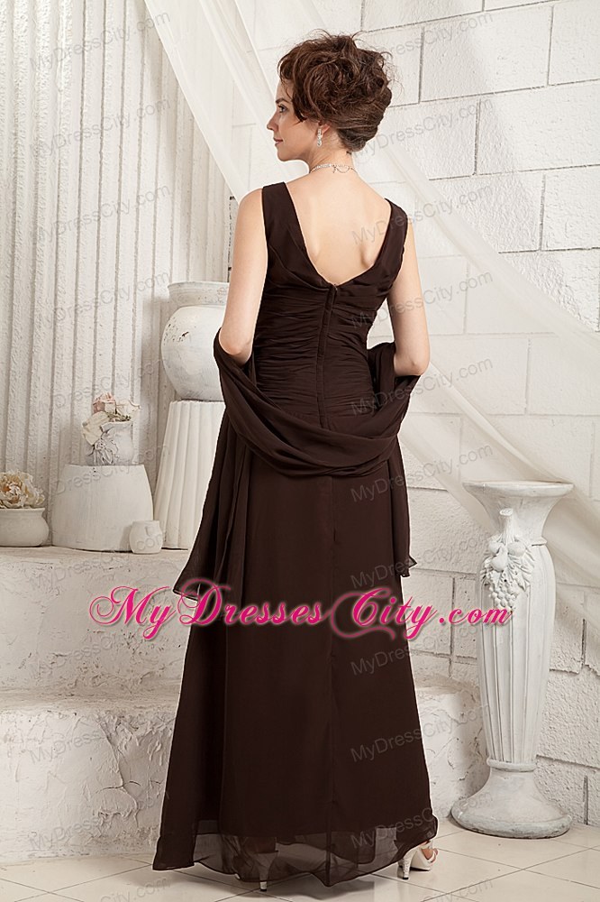 Brown Pleated V-neck Floor-length Mother Of The Bride Dress