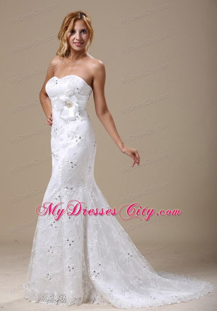 Mermaid Lace Wedding Gown With Beaded Hand Made Flower Sash