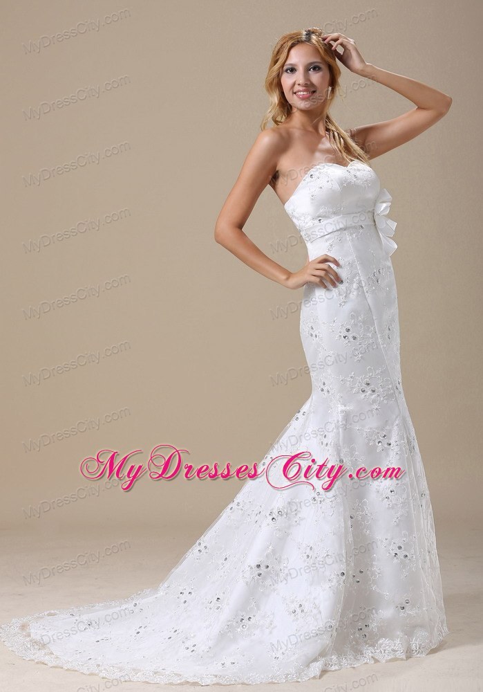Mermaid Lace Wedding Gown With Beaded Hand Made Flower Sash