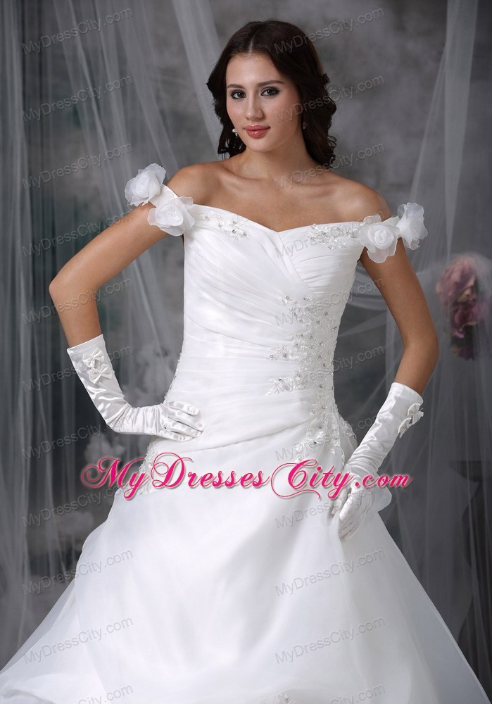 Off The Shoulder Sweep Train Pick-ups Bridal Gown with Beading and Flowers