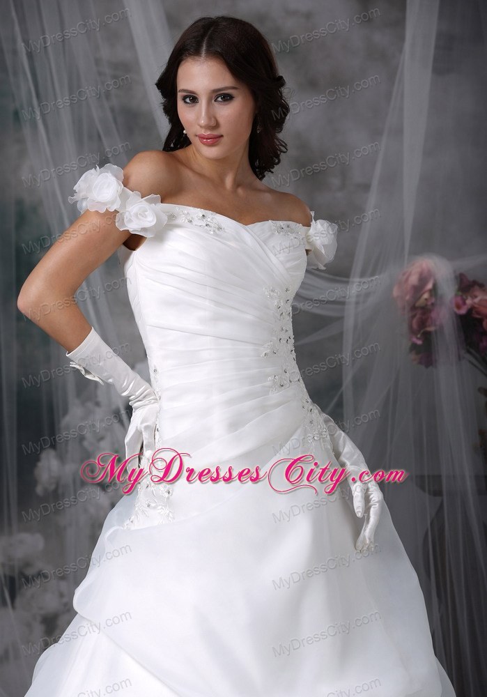 Off The Shoulder Sweep Train Pick-ups Bridal Gown with Beading and Flowers
