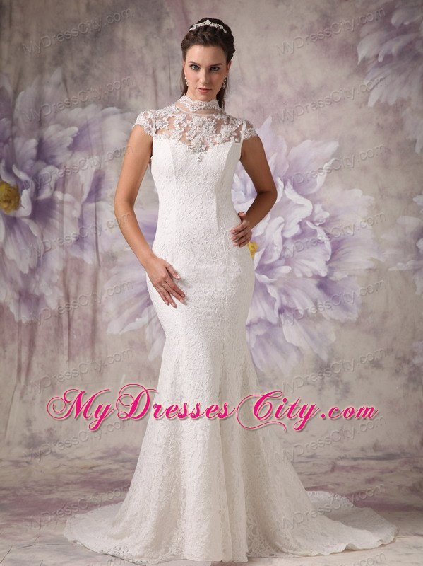 Cap Sleeves Mermaid Sheer and High Neck Lace Court Train Wedding Dress