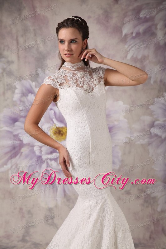 Cap Sleeves Mermaid Sheer and High Neck Lace Court Train Wedding Dress