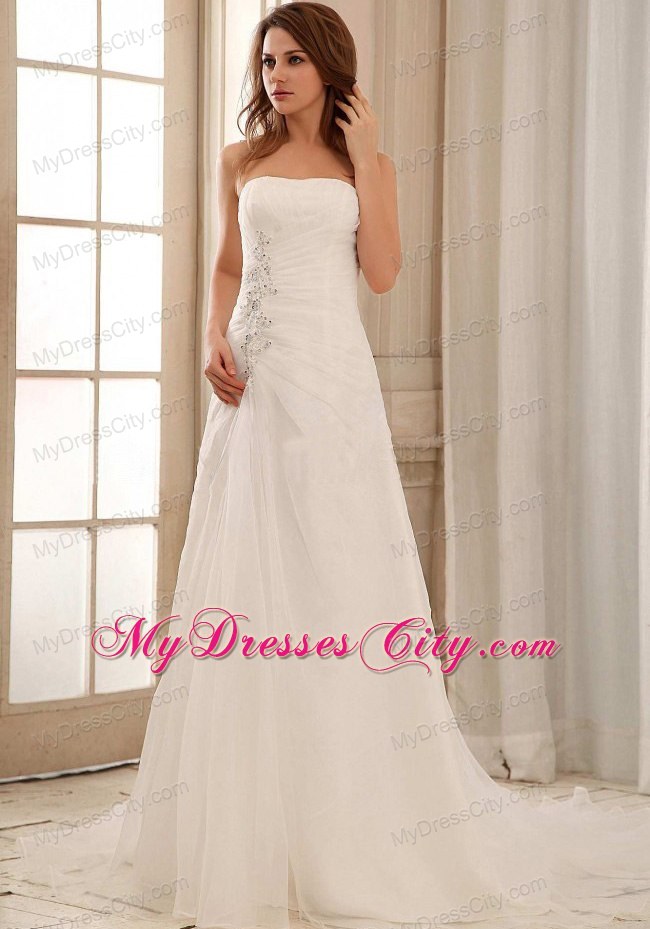 Column Strapless Ruches and Appliques Court Train Bridal Gown