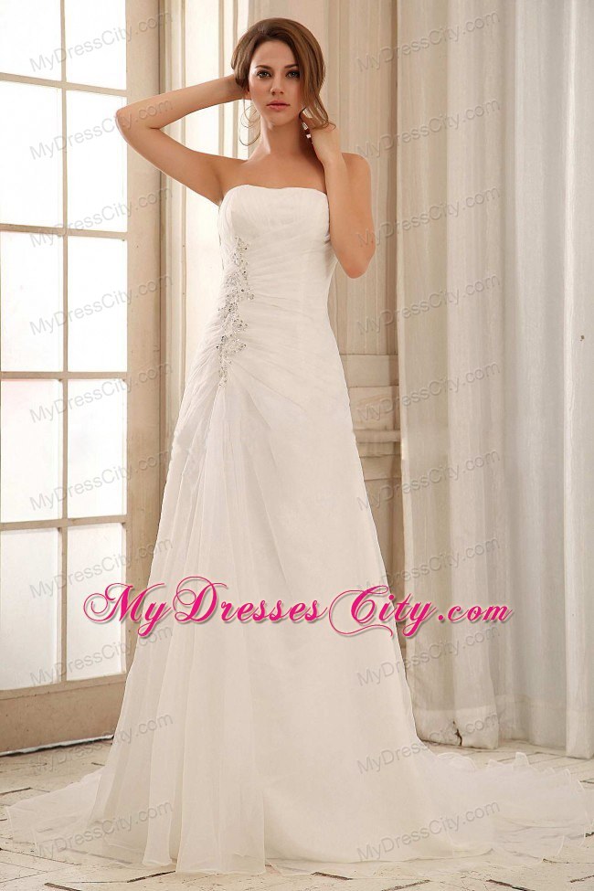 Column Strapless Ruches and Appliques Court Train Bridal Gown