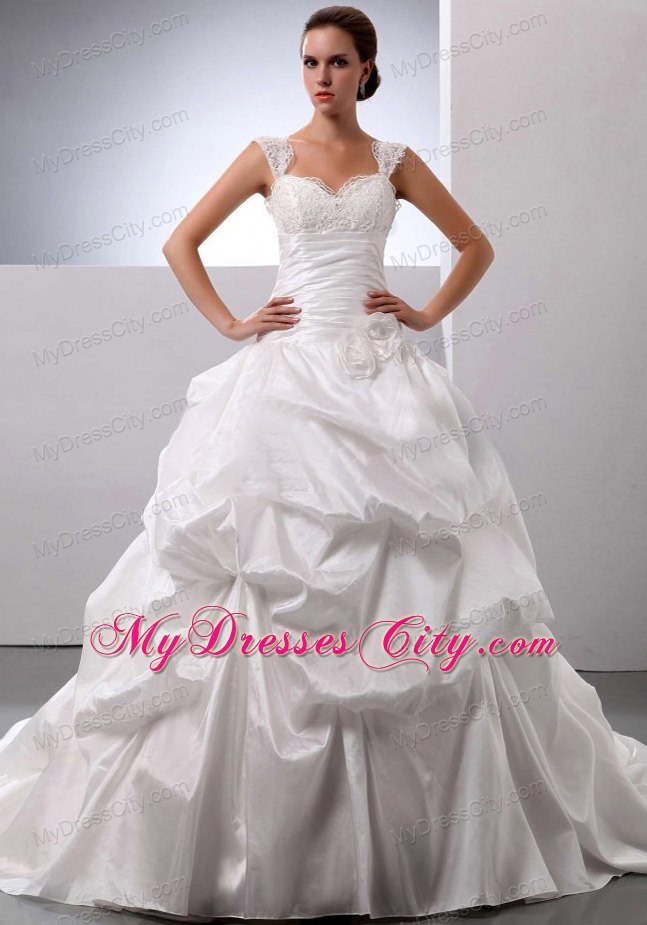 Appliqued Straps Sweetheart Ruched Bridal Dress with Pick-ups
