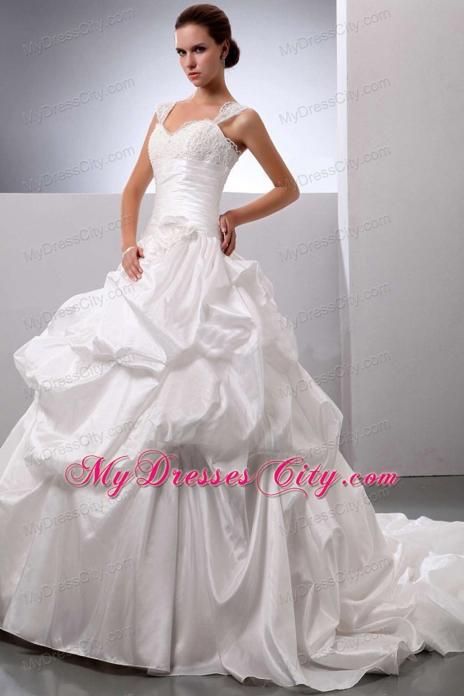 Appliqued Straps Sweetheart Ruched Bridal Dress with Pick-ups