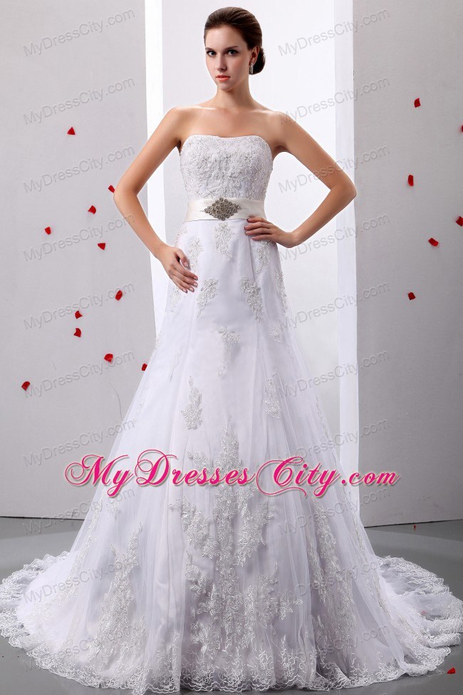 Sweetheart Appliques Court Train Beaded Belt Lace Wedding Gown