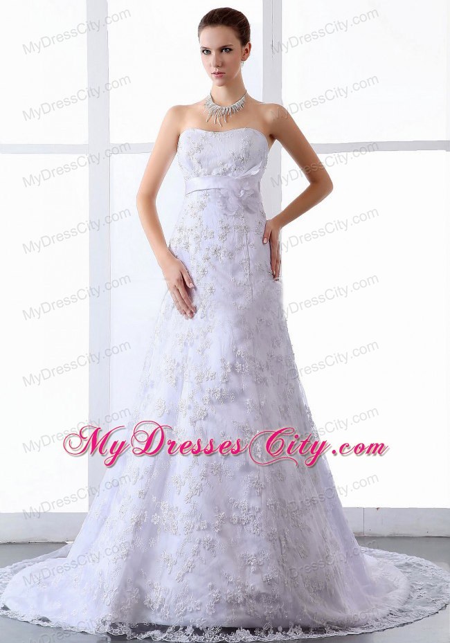 A-line Sweep Train Lace Wedding Gown with Flower Decorate Sash