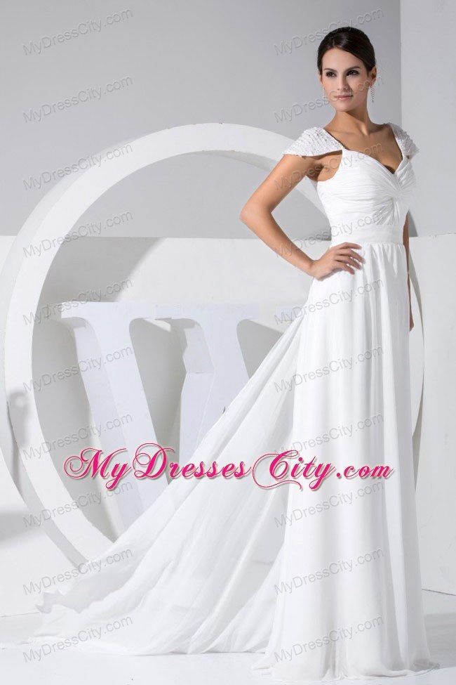 Empire Watteau Train Wedding Gown with Beaded Cap Sleeves