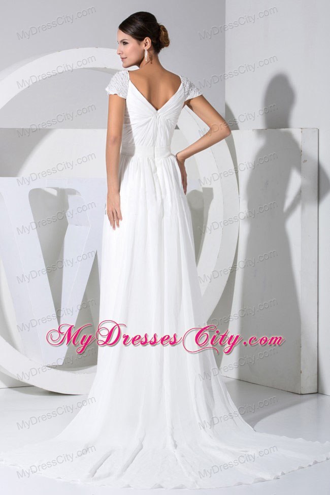 Empire Watteau Train Wedding Gown with Beaded Cap Sleeves