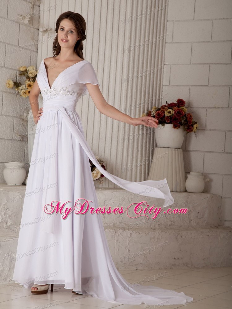 Empire Off-the-shoulder Sash Wedding Dress with Short Sleeves