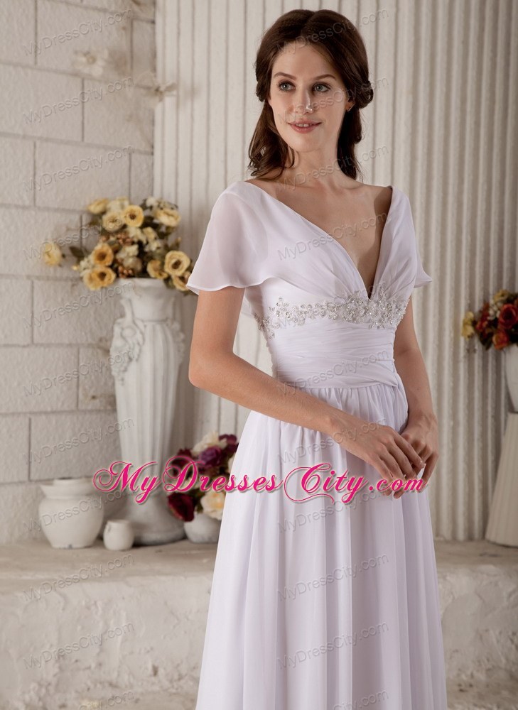 Empire Off-the-shoulder Sash Wedding Dress with Short Sleeves