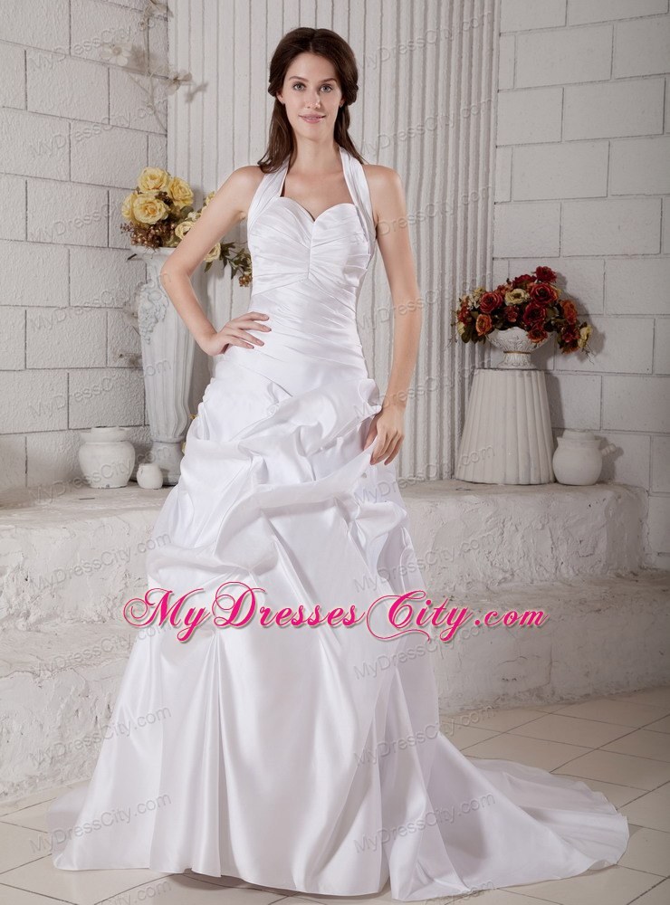 Halter A-line Ruched Sweetheart Court Train Wedding Dress