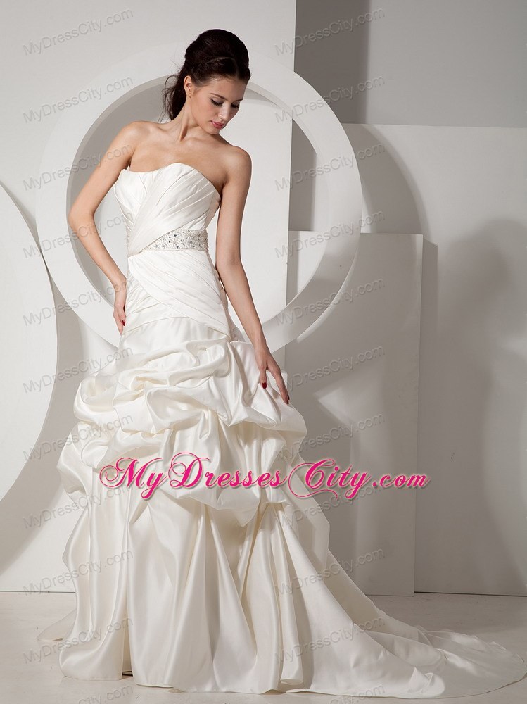 Pick-ups and Ruching Court Train Bridal Gown with Beaded Sash