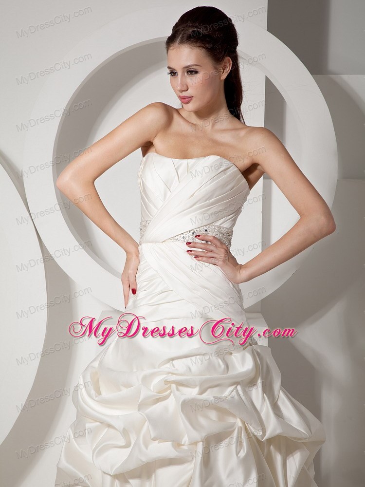 Pick-ups and Ruching Court Train Bridal Gown with Beaded Sash