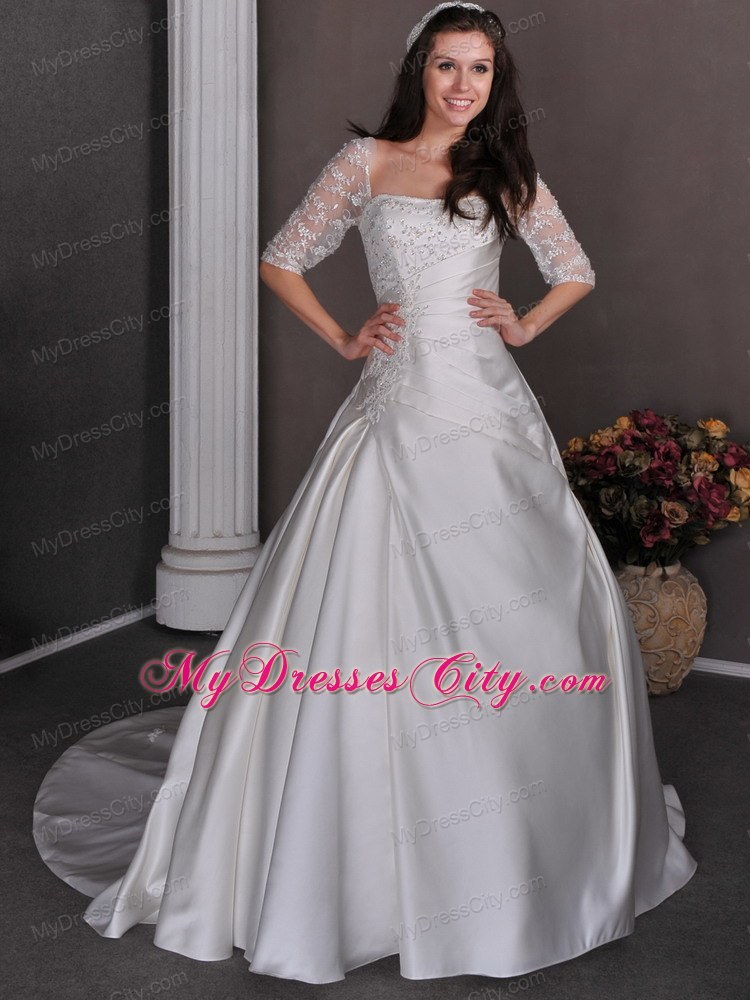 Half Sleeves A-line Chapel Train Appliques and Beading Wedding Gowns