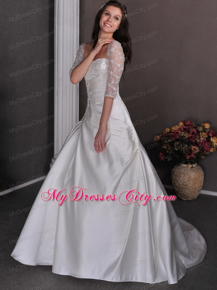 Half Sleeves A-line Chapel Train Appliques and Beading Wedding Gowns