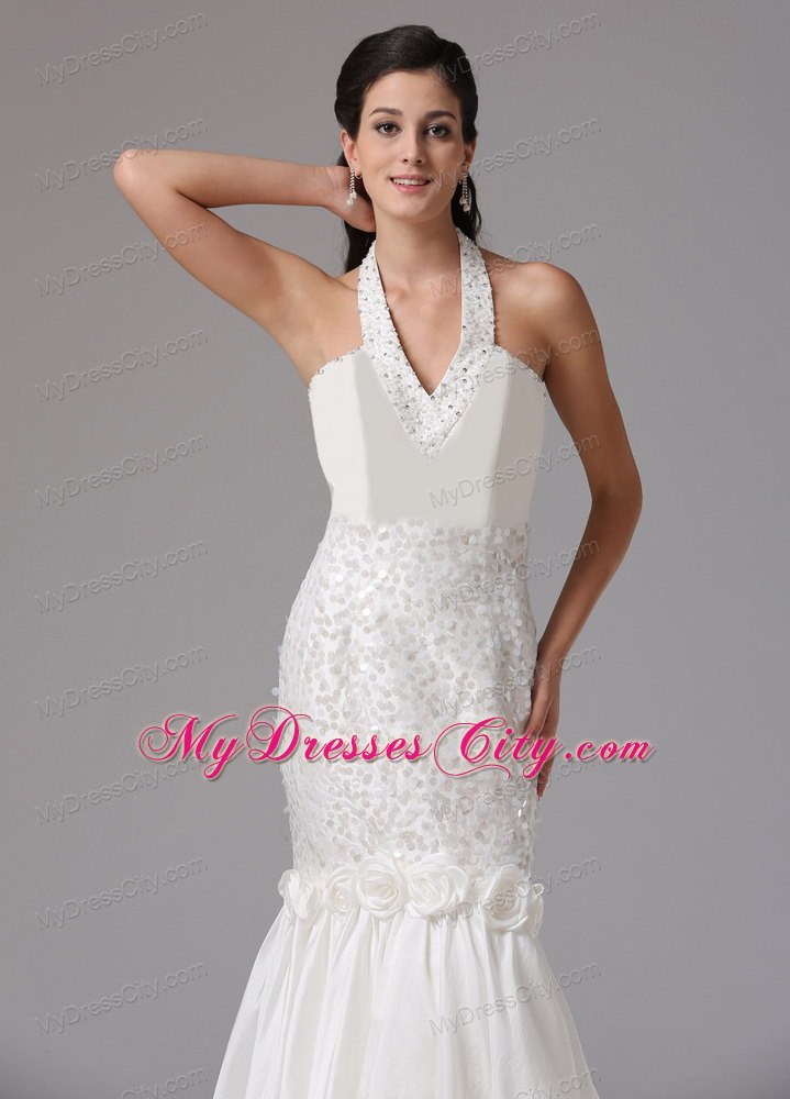 Mermaid Halter Asymmetrical Bridal Gown With Beading and Hand Made Flowers